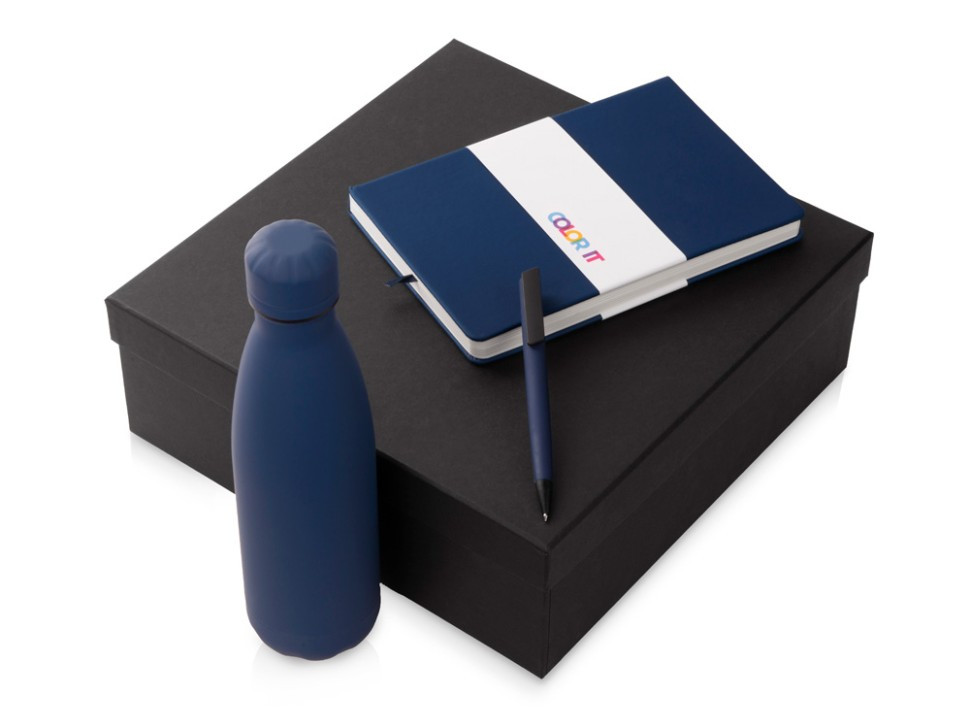 Подарочный набор c блокнотом C3, ручкой и термобутылкой, темно-синий, фото 1