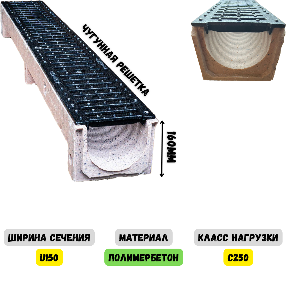 Лоток водоотводный U150/160, фото 1
