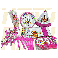 Набор одноразовой посуды для праздника "Единороги" (43в1)