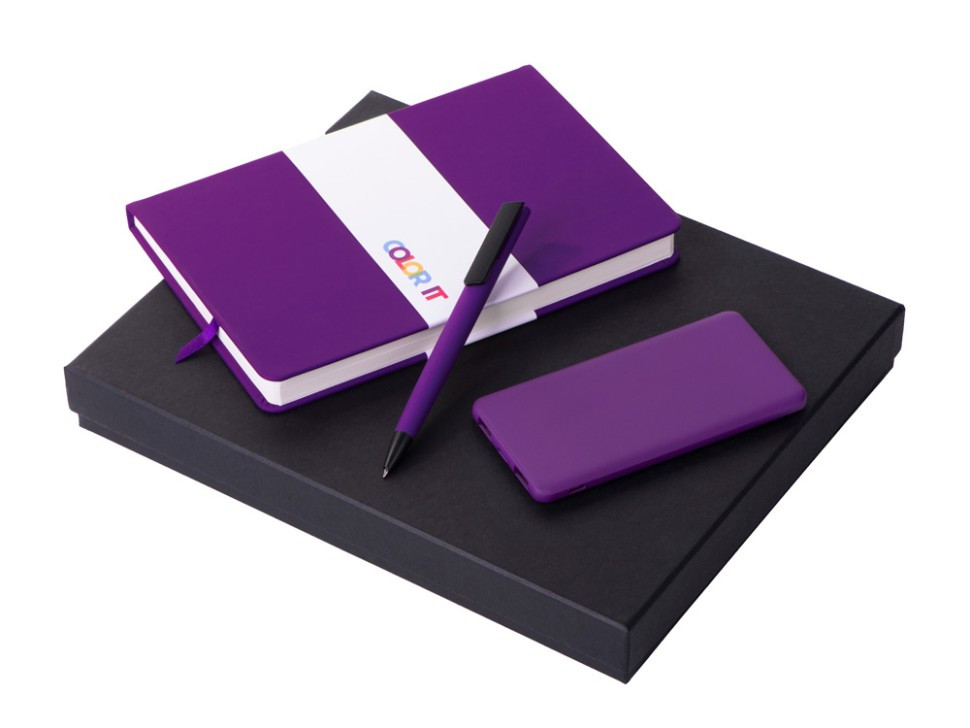 Подарочный набор c блокнотом С1, ручкой и повербанком 5000 mAh, фиолетовый, фото 1