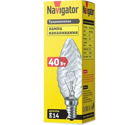 Лампа накаливания 40Вт Е14 свеча витая прозрачная Navigator