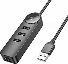 Converter Borofone DH6 Erudite 4-in-1 Gigant Ethernet Adapter (USB to USB3.0*3+RJ45)(L=1.2m) black