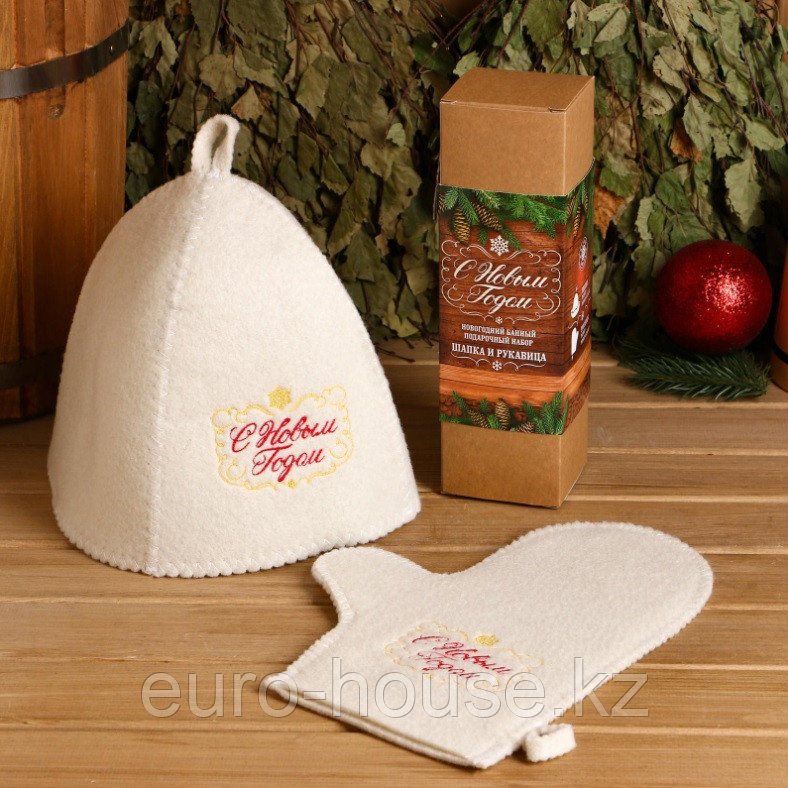 Набор для бани "С Новым годом" шапка, рукавица, фото 1