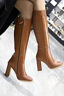 Стильные сапоги женские высокие рыжего цвета . Зимняя нарядная женская обувь.