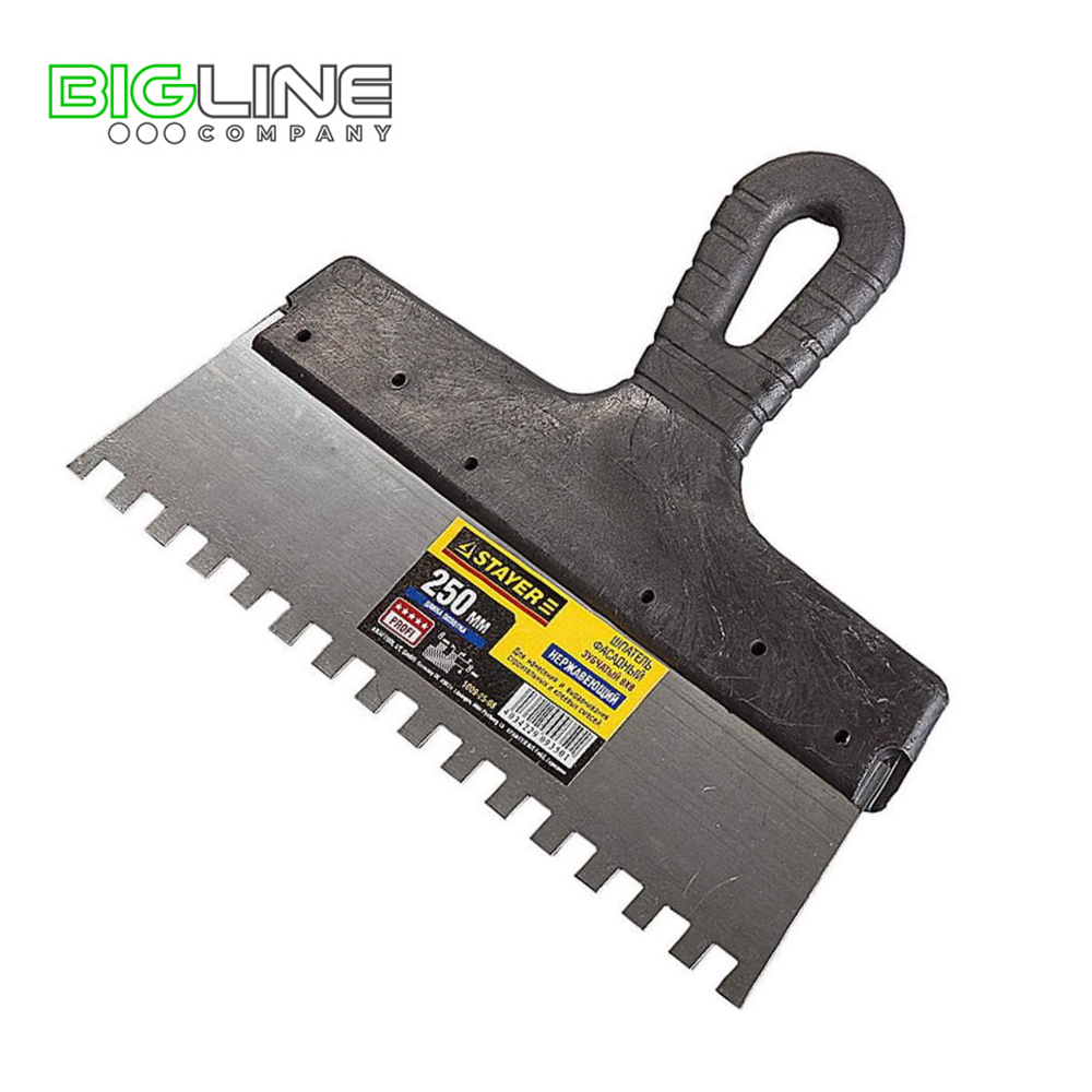 Шпатель STAYER "PROFESSIONAL" нержавеющий, зубчатый, 250 мм, зуб 6х6 мм (12)