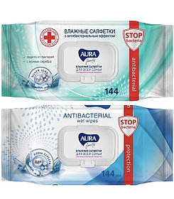 Салфетки влажные Aura "Family", антибактериальные, big-pack с крышкой, 15*14см, 144 шт/упак
