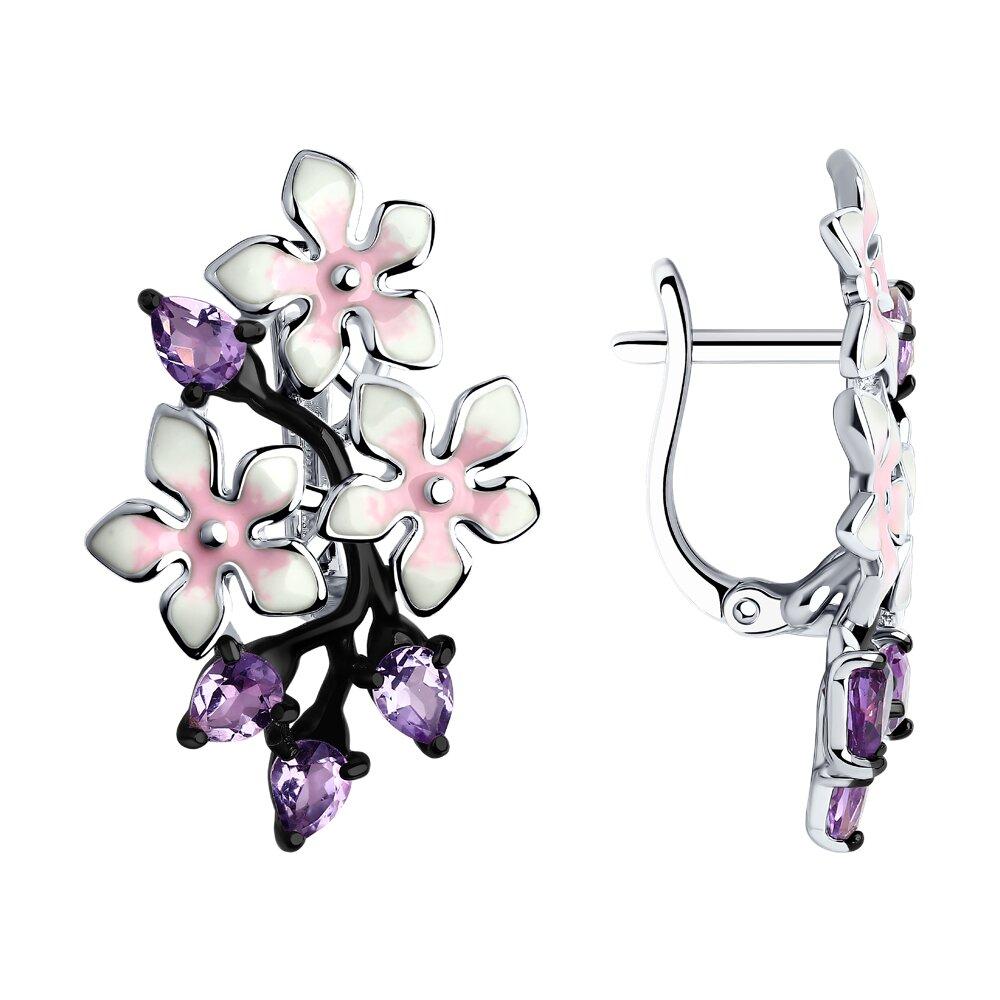 Серьги из серебра с эмалью с аметистами SOKOLOV 92021420 серебро с родием, с английским замком, фото 1