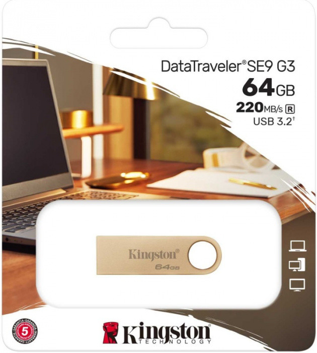 Kingston USB Flash Kingston DTSE9G3/64GB SE9 G3 запись до 100мб/с, чтение до 220 мб/с USB 3.2 Gen 1, gold