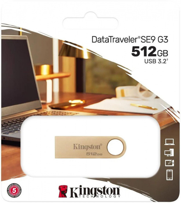 Kingston USB Flash Kingston DTSE9G3/512GB SE9 G3 запись до 100мб/с, чтение до 220 мб/с USB 3.2 Gen 1, gold