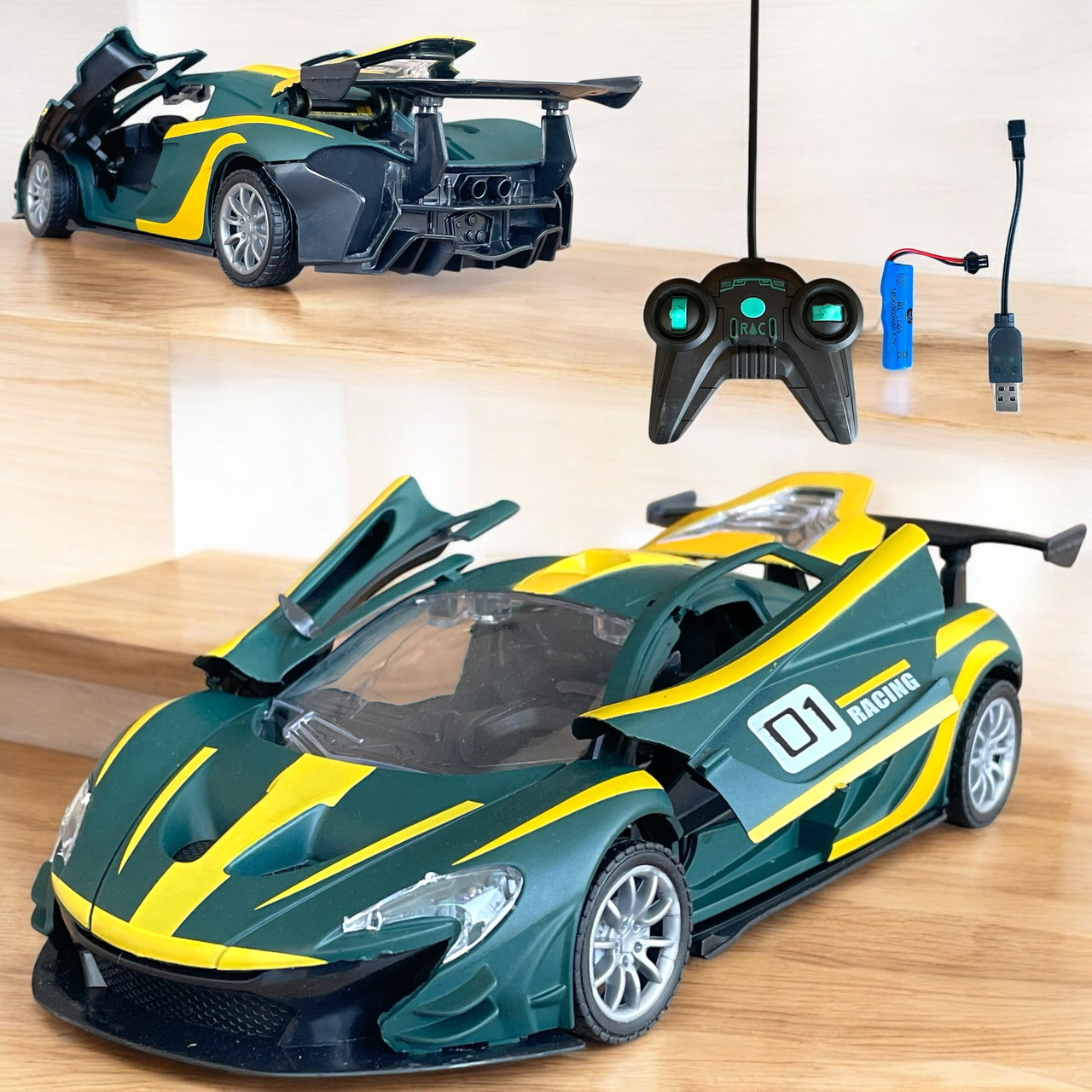 Jt630 Машина (зеленая) на р/у Sportcar 4 функции, двери открываются 31х11см