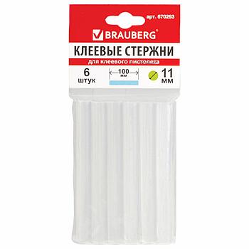 Клеевые стержни, диаметр 11 мм, длина 100 мм, прозрачные, комплект 6 шт., BRAUBERG, европодвес, 670293