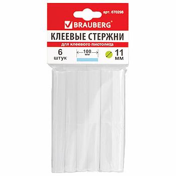 Клеевые стержни, диаметр 11 мм, длина 100 мм, белые, комплект 6 штук, BRAUBERG, европодвес, 670298