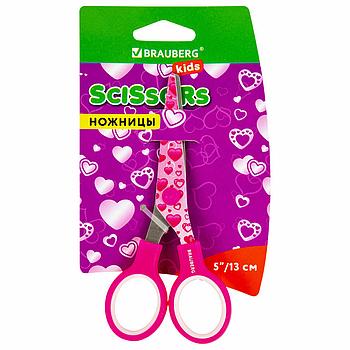 Ножницы 130 мм с цветной печатью "Сердечки", малиновые, закругленные, BRAUBERG KIDS, 232275