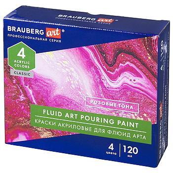 Краски акриловые для техники "Флюид Арт" (POURING PAINT), 4 цвета по 120 мл, Розовые тона, BRAUBERG ART,