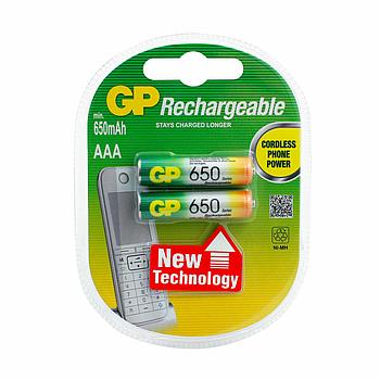 Батарейки аккумуляторные Ni-Mh мизинчиковые КОМПЛЕКТ 2 шт., AAA (HR03) 650 mAh, GP, 65AAAHC-2DECRC2,
