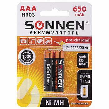 Батарейки аккумуляторные Ni-Mh мизинчиковые КОМПЛЕКТ 2 шт., AAA (HR03) 650 mAh, SONNEN, 454236