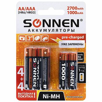 Батарейки аккумуляторные Ni-Mh пальчиковые / мизинчиковые НАБОР 8 шт. (AA+ААА) 2700/1000 mAh, SONNEN, 455612
