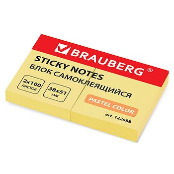 Блок самоклеящийся (стикеры) BRAUBERG, ПАСТЕЛЬНЫЙ, 38х51 мм, 100 листов, КОМПЛЕКТ 2 штуки, желтый, 122688