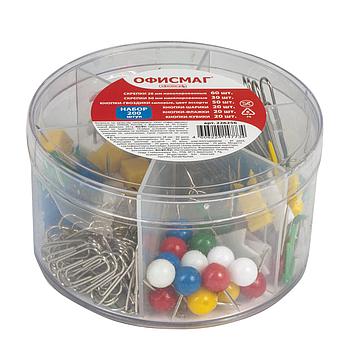 Набор ОФИСМАГ, скрепки 28 мм/60 шт., 50 мм/30 шт, гвоздики 50 шт., шарики, кубики, флажки по 20 шт., цилиндр,