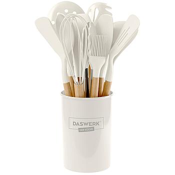 Набор силиконовых кухонных принадлежностей с деревянными ручками 12 в 1, молочный, DASWERK, 608193