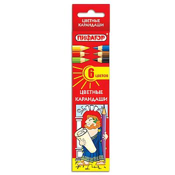 Карандаши цветные ПИФАГОР 6 цветов, шестигранные, грифель 3 мм, натуральное дерево, 180295