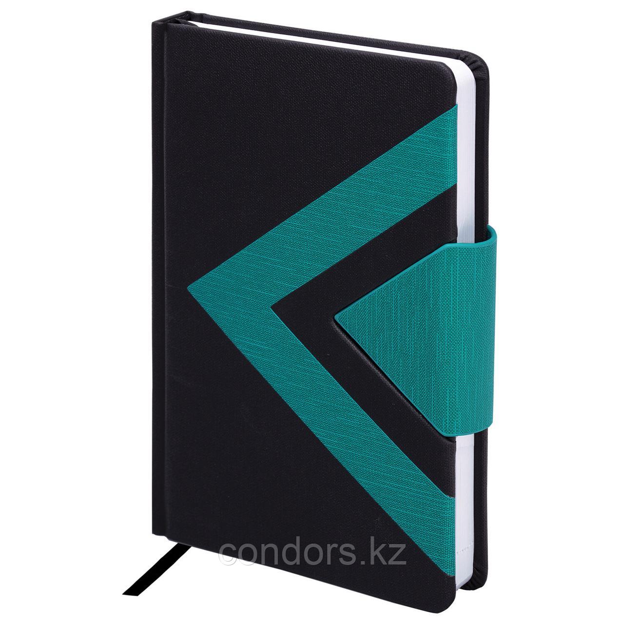 Ежедневник недатированный А5 138x213 мм BRAUBERG "Waves", под кожу, застежка, 160 л., черный/бирюзовый, 114454, фото 1