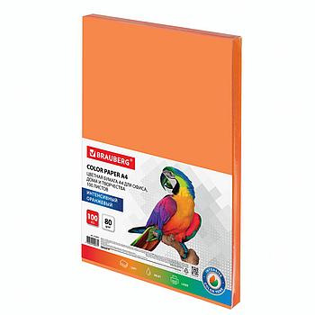 Бумага цветная BRAUBERG, А4, 80 г/м2, 100 л., интенсив, оранжевая, для офисной техники, 112452