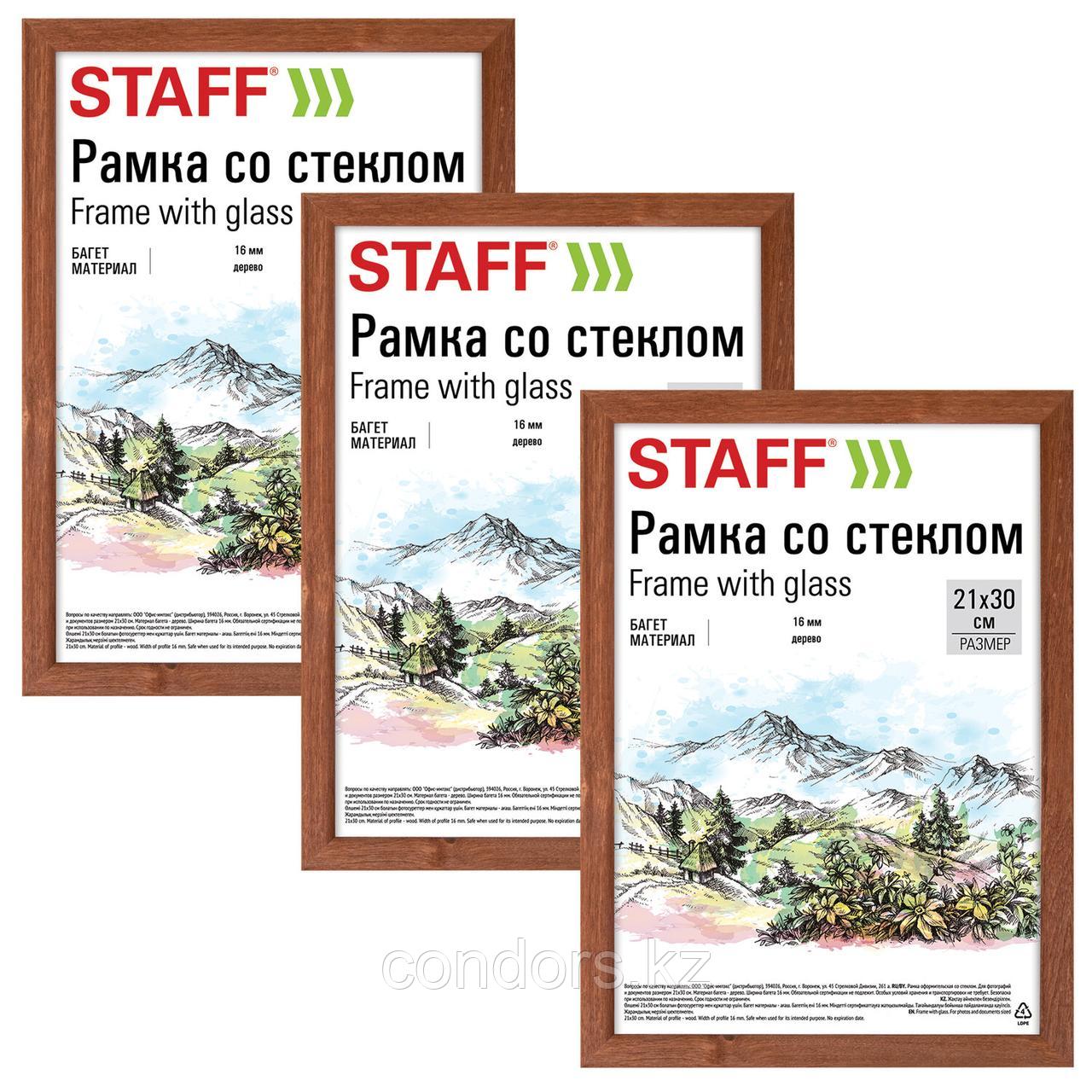 Рамка 21х30 см со стеклом, КОМПЛЕКТ 3 штуки, багет 16 мм, дерево, STAFF "Sonata", цвет орех, 391387, фото 1