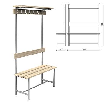 Скамья с вешалкой, спинкой и полкой "СВТ 7", 1760х1000х395 мм, 6 крючков, дерево, регулируемые опоры, каркас