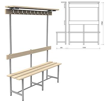 Скамья с вешалкой, спинкой и полкой "СВТ 8", 1760х1500х395 мм, 10 крючков, регулируемые опоры, каркас