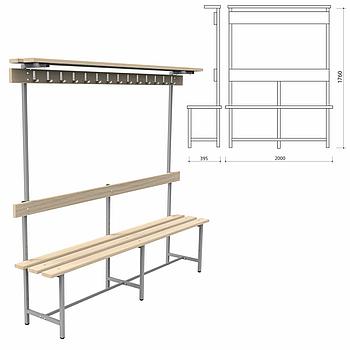 Скамья с вешалкой, спинкой и полкой "СВТ 9", 1760х2000х395 мм, 14 крючков, регулируемые опоры, каркас