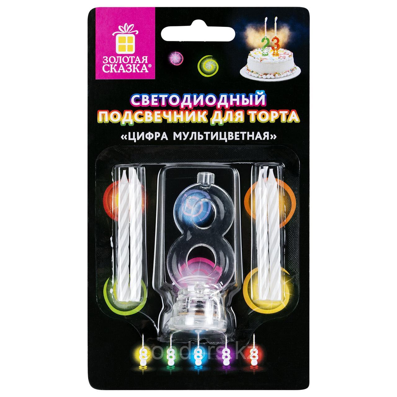 Цифра-подсвечник "8" светодиодная, ЗОЛОТАЯ СКАЗКА, в наборе 4 свечи 6 см, 1 батарейка, 591431