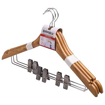 Вешалки-плечики, размер 48-50, КОМПЛЕКТ 3 шт., деревянная, клипсы для брюк, цвет сосна, BRABIX "Стандарт",