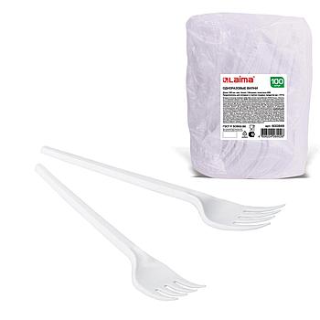 Вилка одноразовая пластиковая 165 мм, белая, КОМПЛЕКТ 100 шт., БЮДЖЕТ, LAIMA, 600949