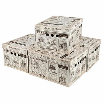 Короб для хранения из плотного микрогофрокартона 330х250х185 мм, КОМПЛЕКТ 4 шт., BRAUBERG HOME "Газета",