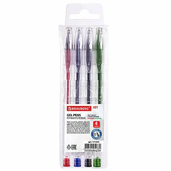 Ручки гелевые BRAUBERG "Jet", НАБОР 4 ЦВЕТА, узел 0,5 мм, линия письма 0,35 мм, 141023