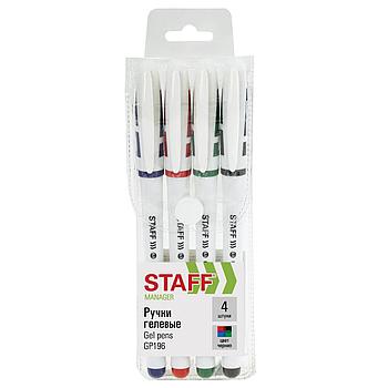 Ручки гелевые с грипом STAFF "Manager" GP-198, НАБОР 4 ЦВЕТА, корпус белый, узел 0,5 мм, 142395
