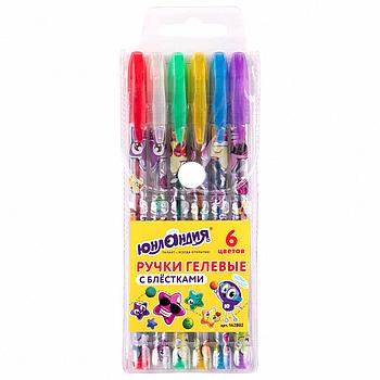 Ручки гелевые ЮНЛАНДИЯ, НАБОР 6 ЦВЕТОВ, БЛЕСТКИ, корпус с печатью, узел 0,7 мм, линия письма 0,5 мм, 142802