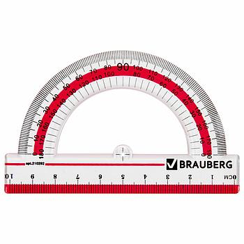 Транспортир 10 см, 180 градусов, пластиковый, BRAUBERG "Crystal", прозрачный, с выделенной шкалой, подвес,