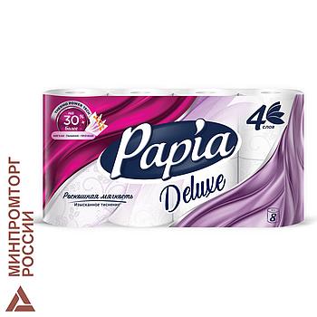 Бумага туалетная бытовая, спайка 8 шт., 4-слойная (8х16 м), PAPIA DELUXE, белая, 5080737
