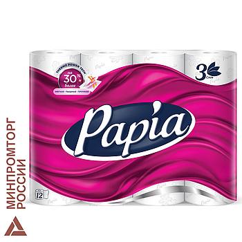 Бумага туалетная бытовая, спайка 12 шт., 3-слойная (12х16,8 м), PAPIA, белая, 5080722