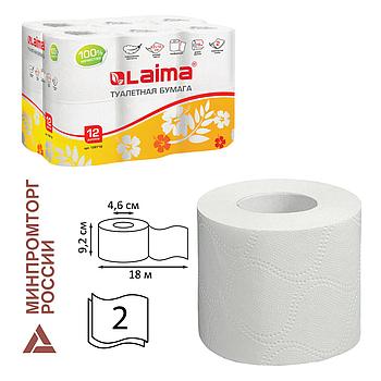 Бумага туалетная бытовая, спайка 12 шт., 2-х слойная, (12х18 м), LAIMA, белая, 128718
