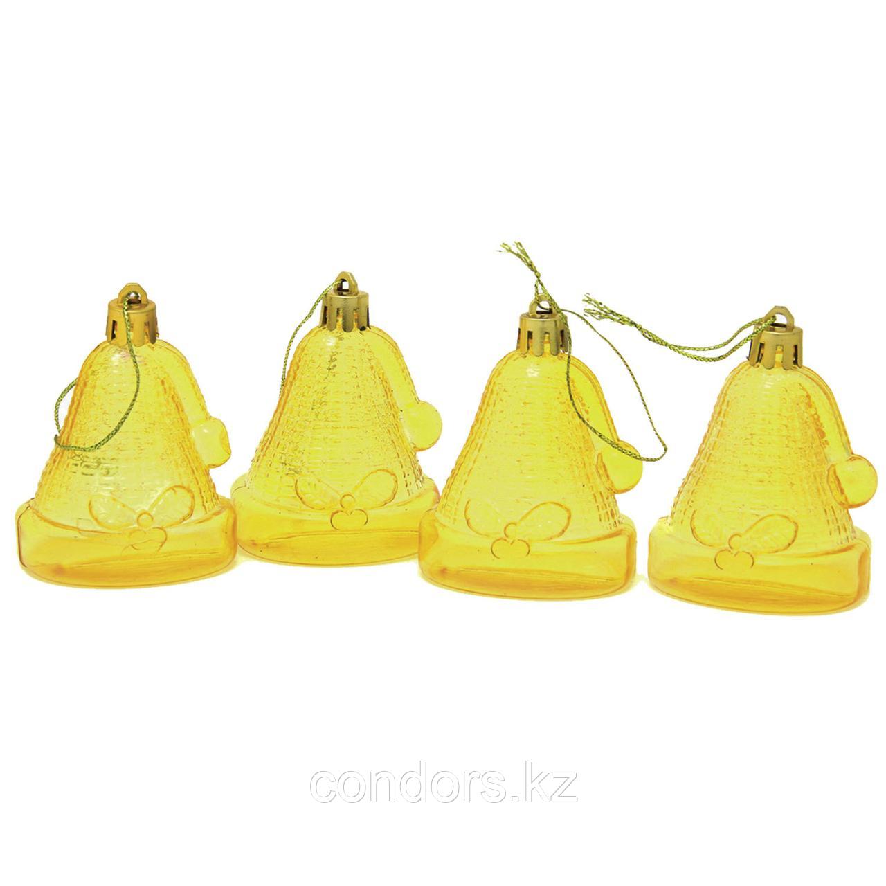 Украшения елочные подвесные "Колокольчики", НАБОР 4 шт., 6,5 см, пластик, полупрозрачные, лимоннные, 59597, фото 1
