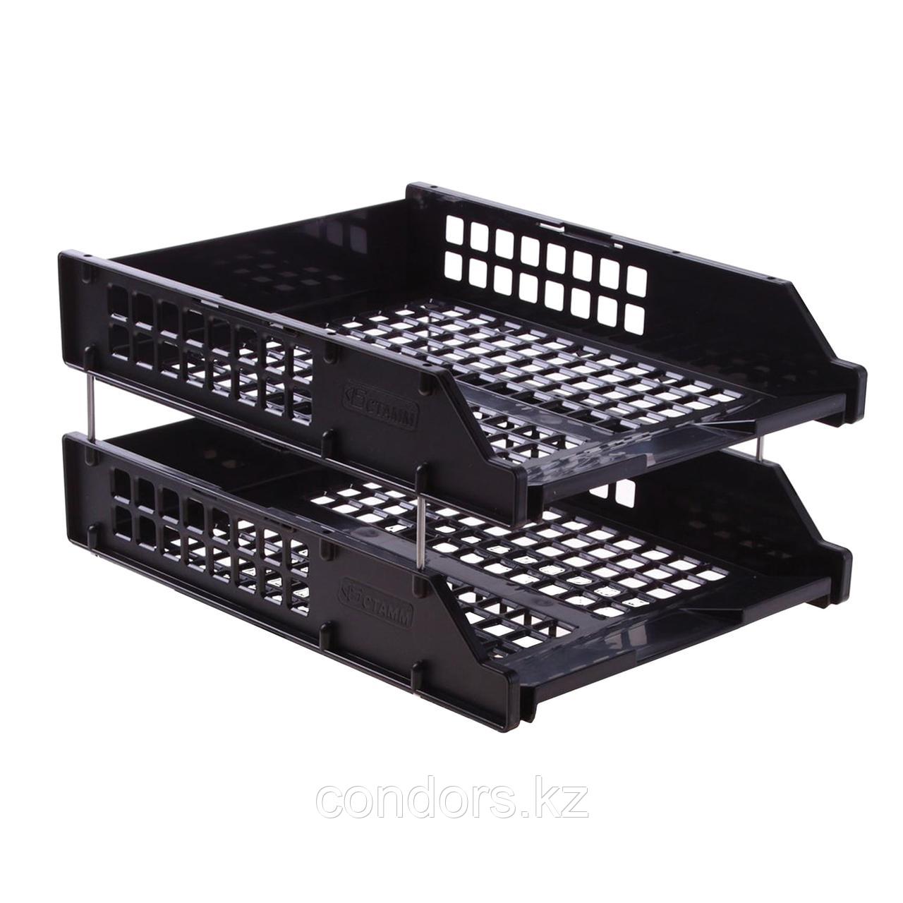 Лотки горизонтальные для бумаг, НАБОР 2 шт. (340х260х158 мм), на металлических стержнях, черные, "Strong",, фото 1