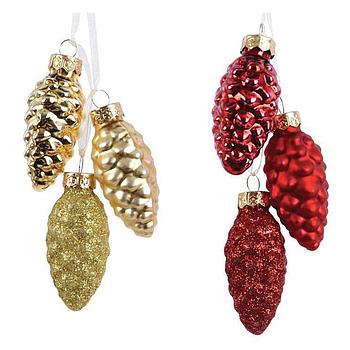 Украшение елочное подвесное из стекла, "Шишки 3 шт." 2,5х6х2,5 см, золото/красный в шоу-боксе, 93967
