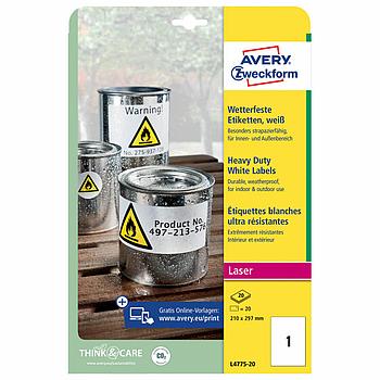 Этикетка самоклеящаяся ВСЕПОГОДНАЯ 210x297 мм, 1 этикетка, полиэстер, белая, 20 листов, Avery Zweckform,