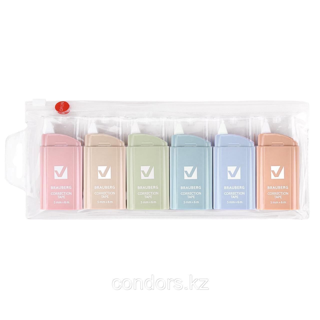 Корректирующая лента BRAUBERG COMPACT PASTEL, 5 мм х 6 м, КОМПЛЕКТ 6 штук, пенал с zip-lock, 272496