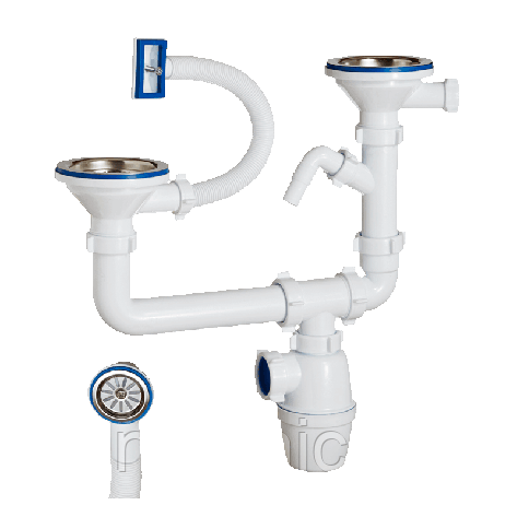 Б-45093 ОРИО Сифон двойной бутылочный 3 1/2" х 40 разноуровневый с унив. перел. и одним отводом (15), фото 1