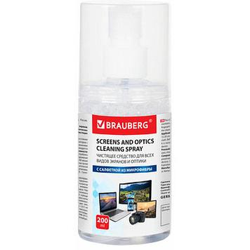 Спрей чистящий для экранов и оптики BRAUBERG + салфетка, универсальный, 200 мл
