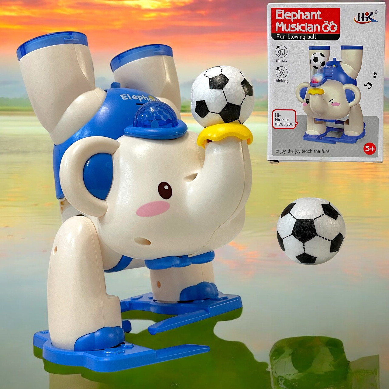677 Слоник с шаром синий (музыка,свет,движение) Elephant musician 19*14см